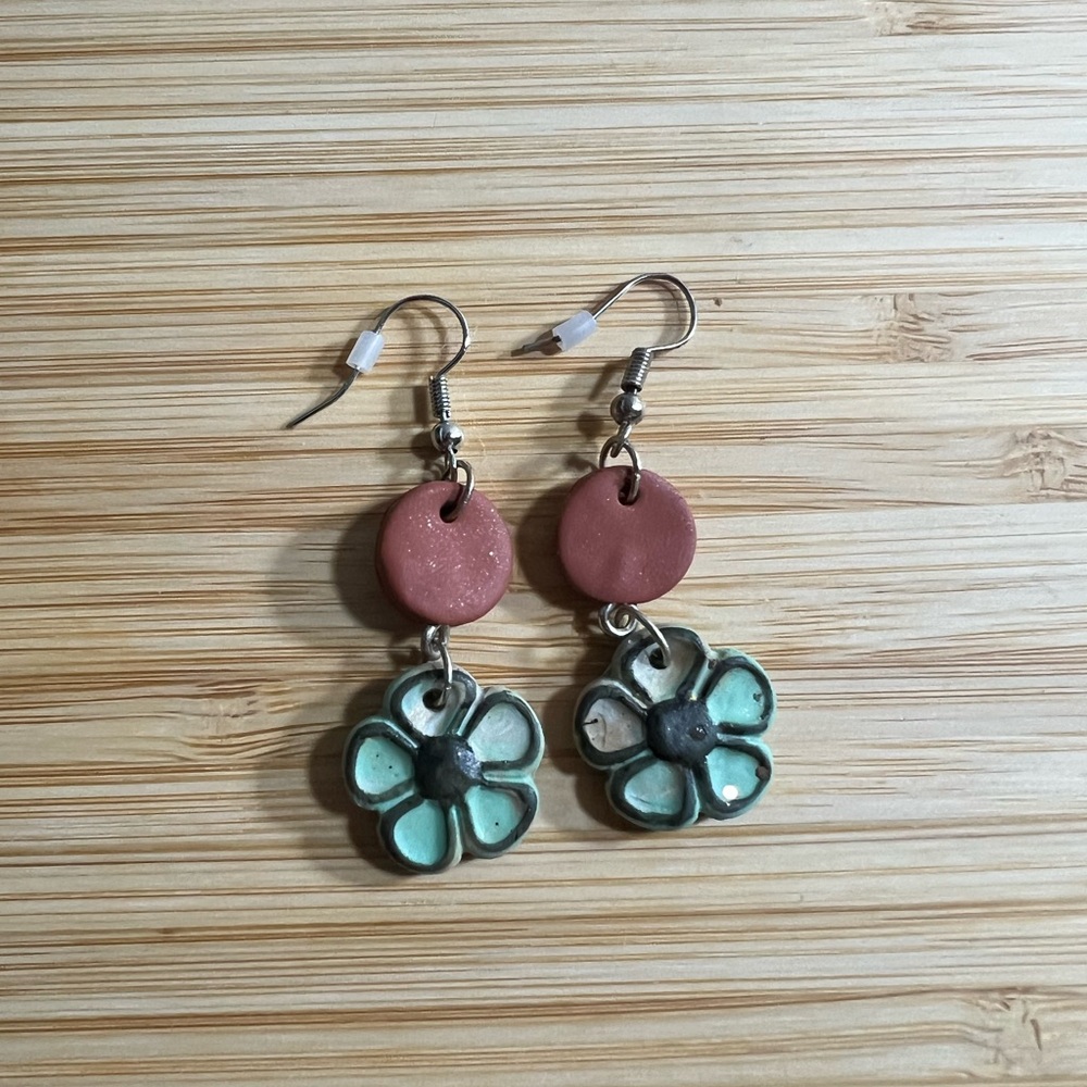 Floral Dangle Earrings in Pink and Green